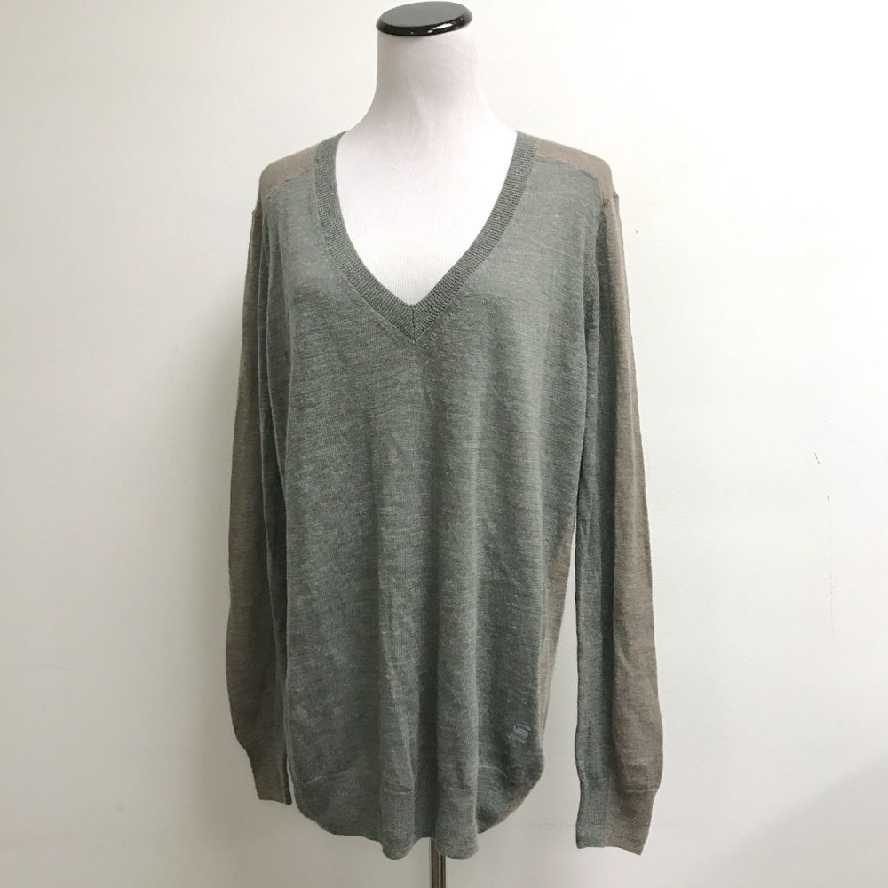 G Star Raw Women' gray brown block pattern v neck fine wool sweater oversized M